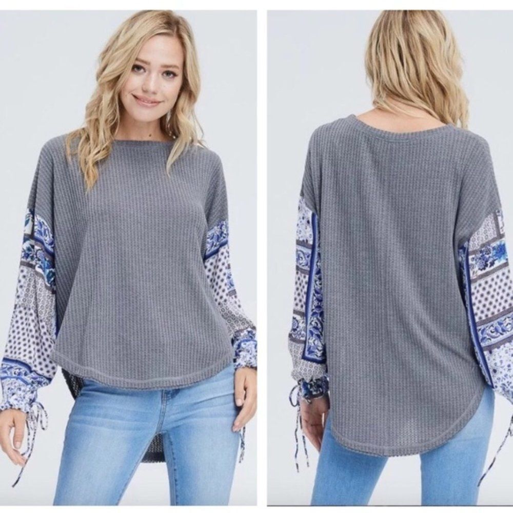 Grey Waffle Knit Mixed Media Top NEW